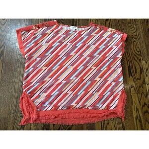 UMGEE Dolman Top Floral Coral Orange Linen Blend Raw Hem Boho Size Small‎ EUC